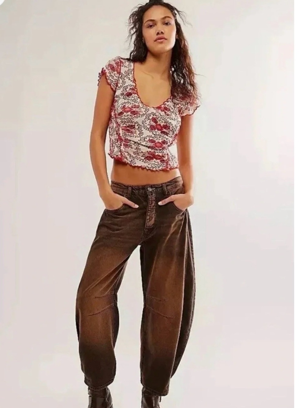Free People White Top with Red Floral Accents